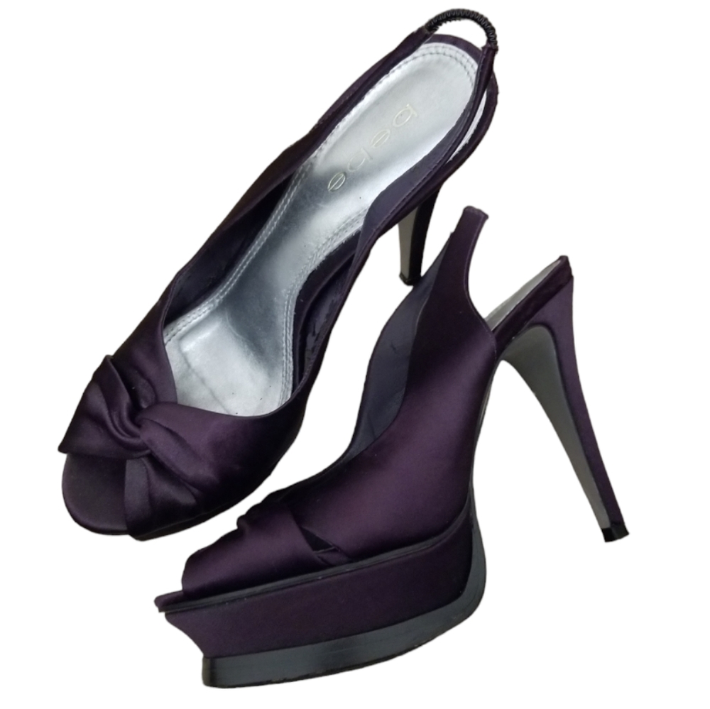 Bebe ZAHARA  Purple Satin Platform Slingback Peep Toe Heels Size 7